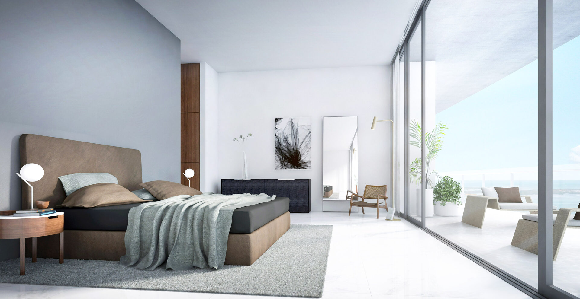 Master bedroom with terrace and water views